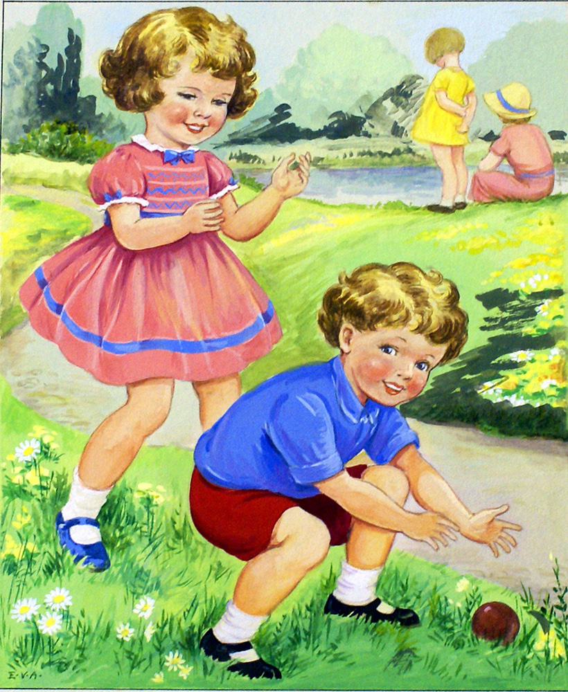 Two Children Playing with a Ball (Original) (Signed) art by E V Abbott at The Illustration Art Gallery