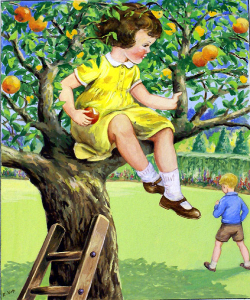 Girl in an Orange Tree (Original) (Signed) by E V Abbott at The Illustration Art Gallery