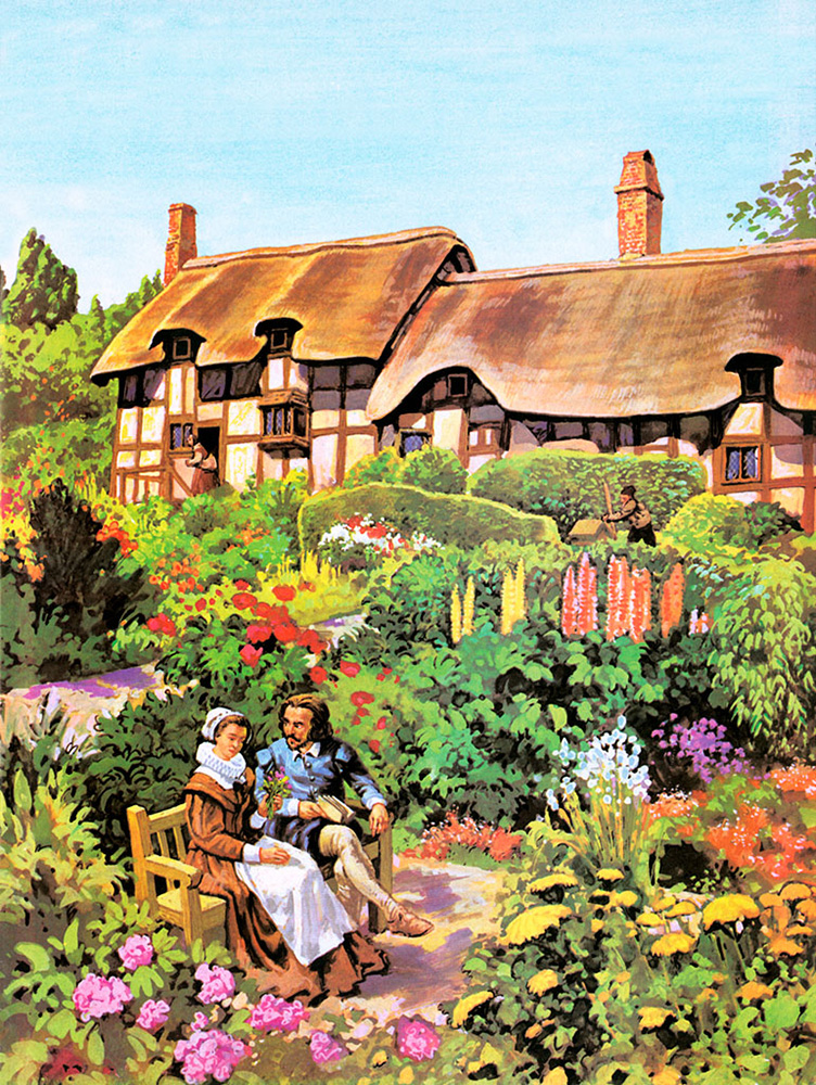 William Shakespeare and Anne Hathaway's Cottage (Original) art by Harry Green at The Illustration Art Gallery