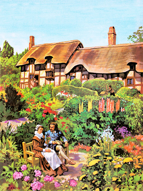 William Shakespeare and Anne Hathaway's Cottage (Original) by Harry Green at The Illustration Art Gallery