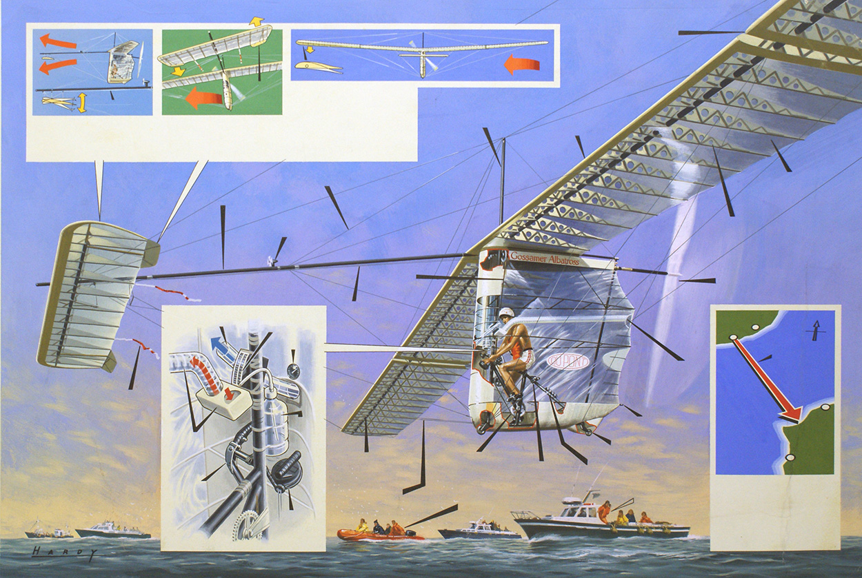 Man Powered Flight - Crossing the Channel (Original) (Signed) art by Air (Wilf Hardy) at The Illustration Art Gallery