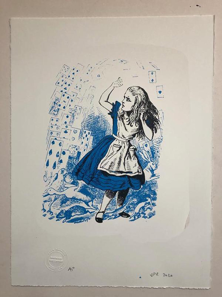 Alice defending her self from a pack of cards, in blue (Print) (Signed) art by John Tenniel Art at The Illustration Art Gallery