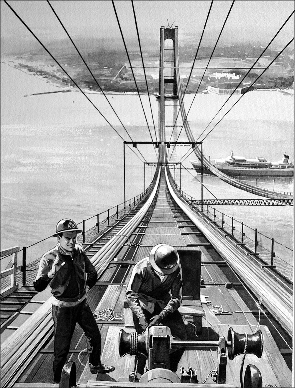 Building a Suspension Bridge (Original) (Signed) art by Bill Lacey at The Illustration Art Gallery