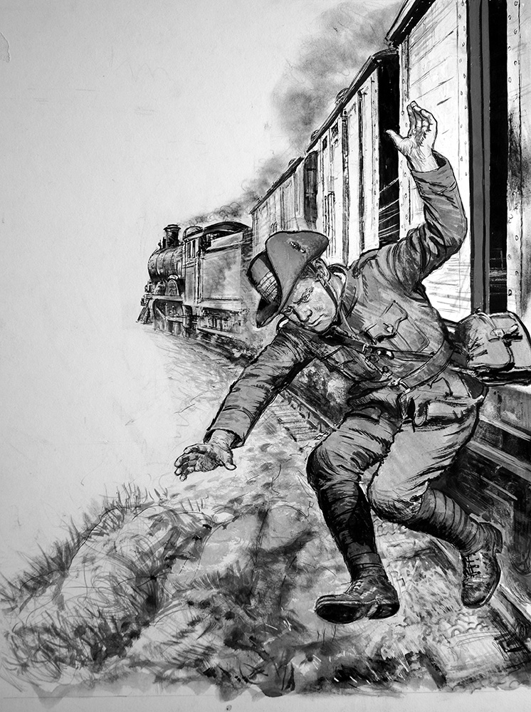 Winston Churchill Escapes The Boers (Original) art by Ken Petts Art at The Illustration Art Gallery