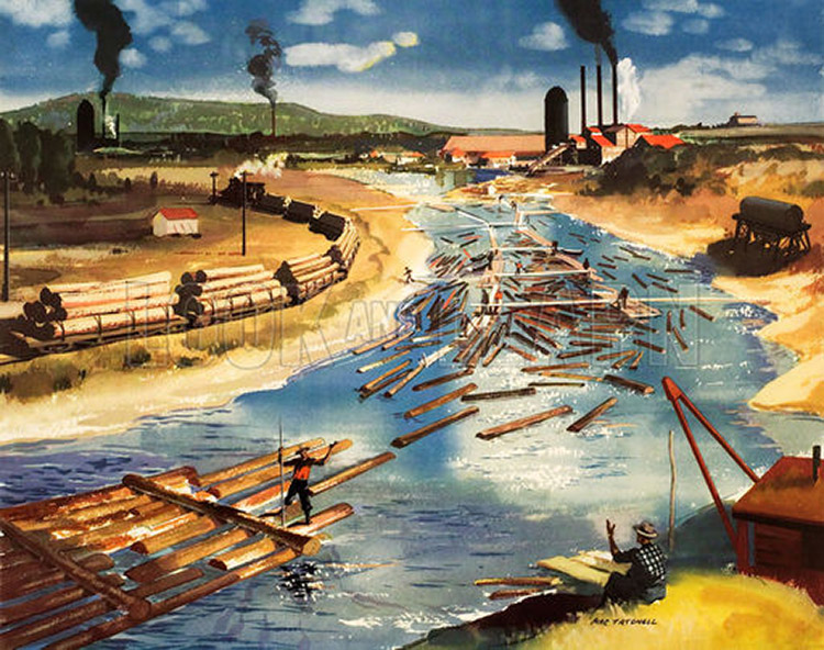 Logs nearing a pulp mill, USA (Original Macmillan Poster) (Print) by Mac Tatchell at The Illustration Art Gallery
